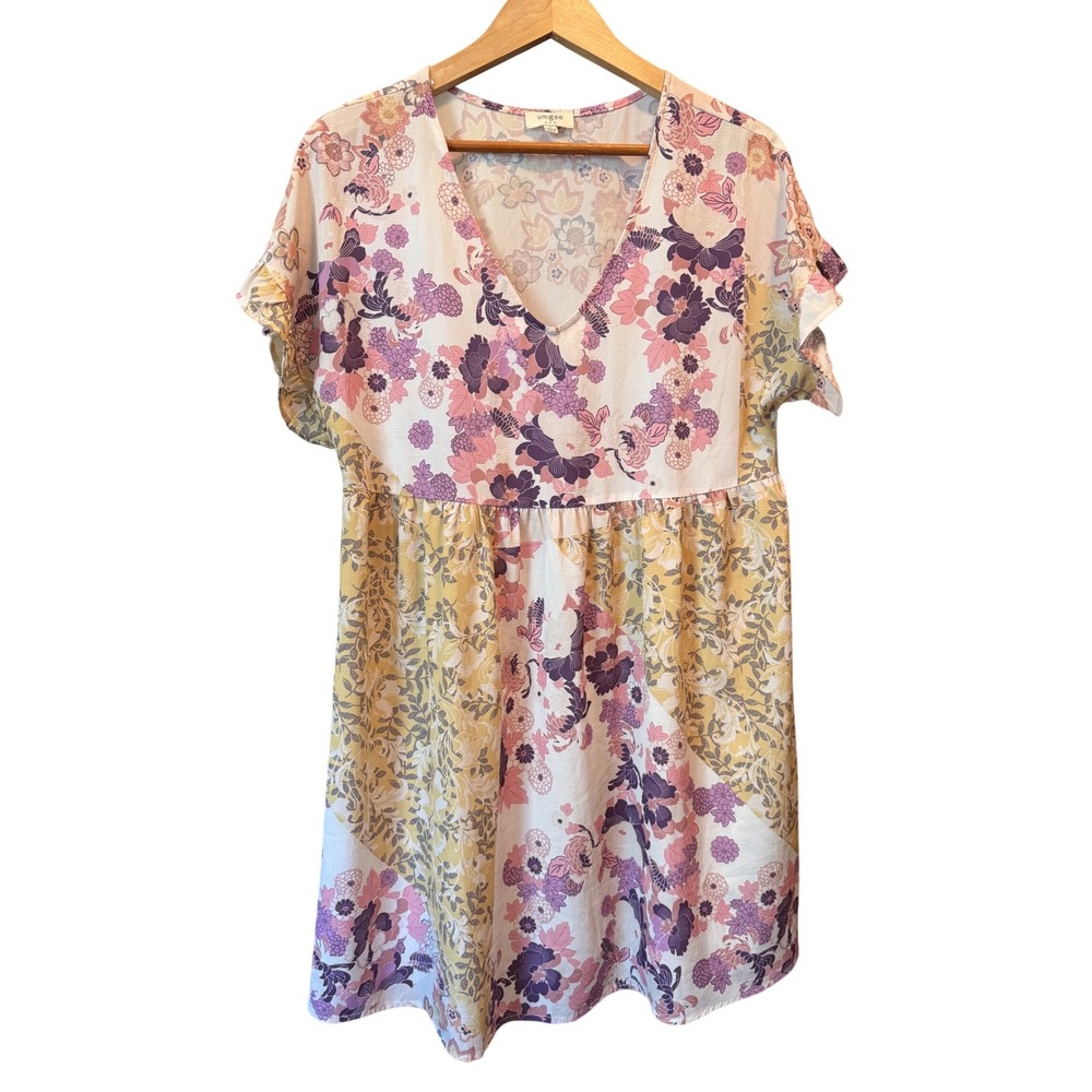 Umgee Floral Patchwork Babydoll Mini Dress Purple Pink Yellow Large Cottagecore